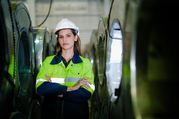 Trabajadores profesionales de ingeniería caminan y comprueban en la fábrica de almacén