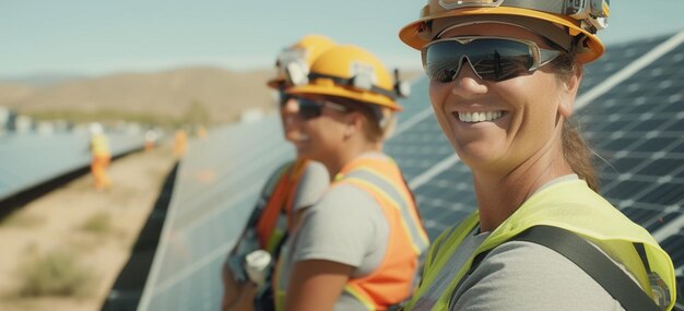 Foto trabajadores profesionales con paneles solares que comercializan la diversidad sostenible y la energía limpia