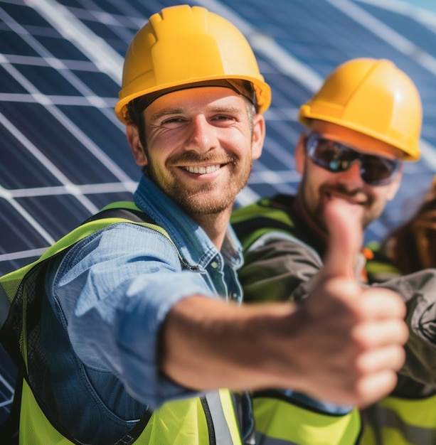 Trabajadores profesionales con paneles solares que comercializan la diversidad sostenible y la energía limpia