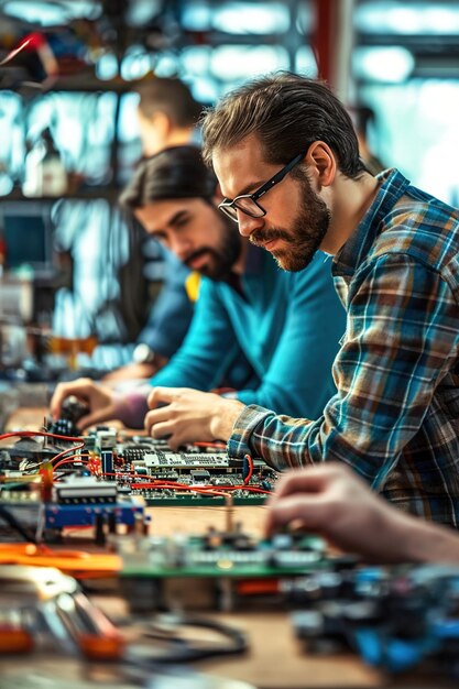 Foto trabajadores prototipando nuevos aparatos electrónicos en una fábrica de equipos especializados circuitos de impresoras 3d como