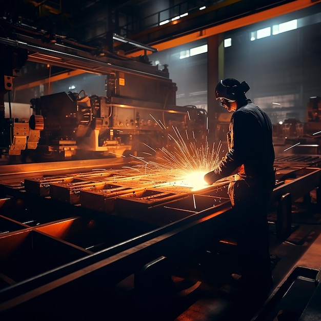 Foto trabajadores que cortan chapa con máquinas modernas