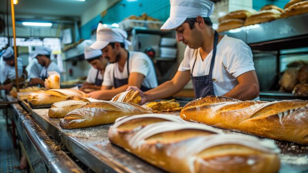 Foto los trabajadores que empacan y preparan grandes panes recién horneados salen del horno en una panadería