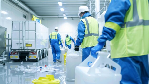 Foto trabajadores que limpian el interior del almacén