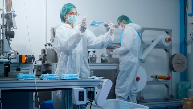 Trabajadores que producen mascarilla quirúrgica en fábrica moderna, protección Covid-19 y concepto médico.