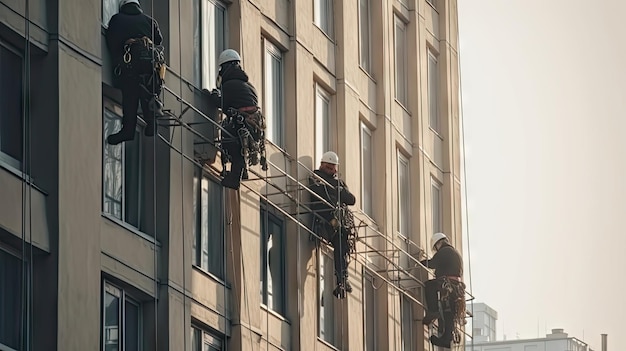 Trabajadores que trabajan en alturas en edificios