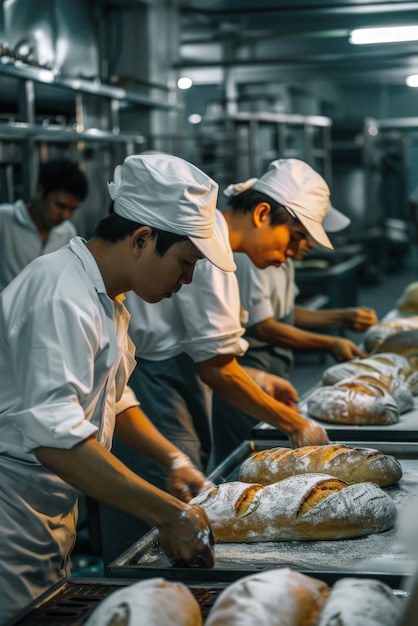 Trabajadores que trabajan en una fábrica preparando pan