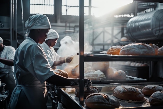 Trabajadores que trabajan en una fábrica preparando pan