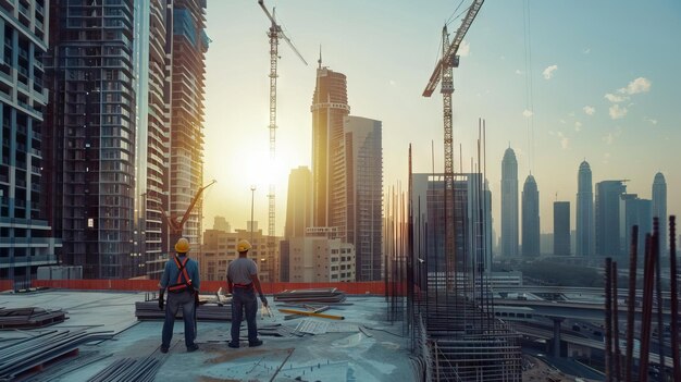 Trabajadores que trabajan en obras modernas de construcción en Dubai Concepto de desarrollo urbano rápido