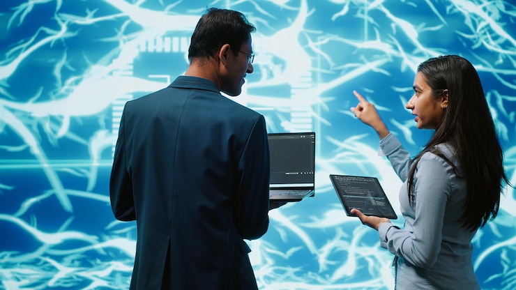 Foto trabajadores que utilizan la inteligencia artificial y el aprendizaje profundo para ver los datos