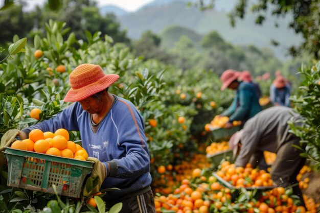 trabajadores recogiendo árboles de mandarina cosechando en el jardín