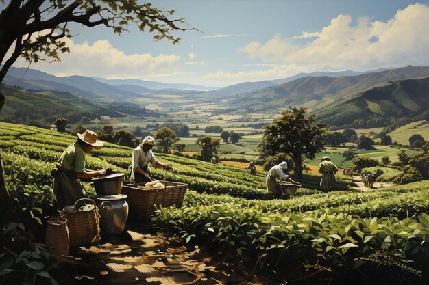 trabajadores recogiendo té de Ceilán en una plantación verde