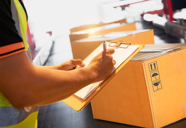 Trabajadores revisando cajas de paquetes en cintas transportadoras Cajas de envío Logística de almacén de envío