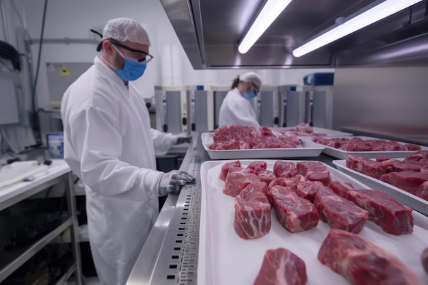 Trabajadores con ropa higiénica inspeccionan carne fresca en una moderna planta de procesamiento de alimentos