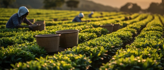 Trabajadores rurales cultivando hojas de té en un pintoresco paisaje de plantaciones de té