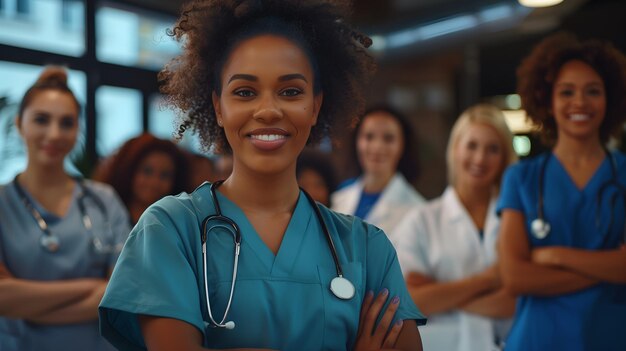 Trabajadores de salud multiétnicos sonrientes con los brazos cruzados en una clínica