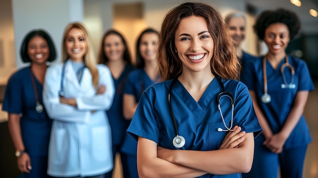 Trabajadores de salud multiétnicos sonrientes con los brazos cruzados en una clínica