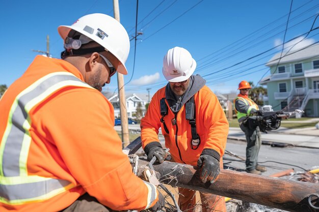 Trabajadores de servicios públicos reparando y restaurando la infraestructura dañada después del huracán