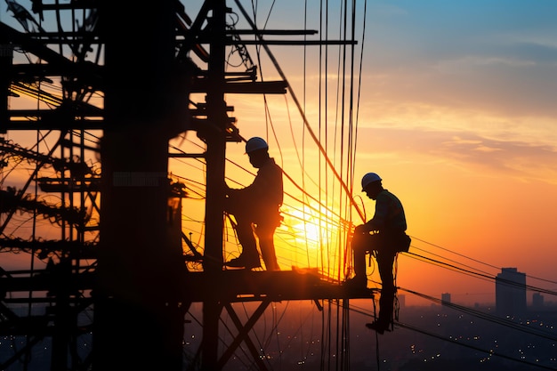 Los trabajadores de la silueta construyen la extensión de las torres de alto voltaje en el fondo de la ciudad de luz borrosa