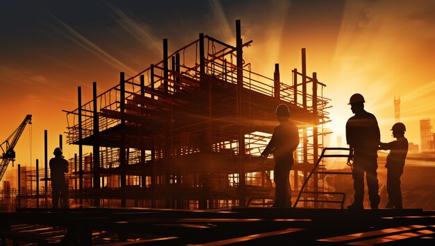 trabajadores de silueta en el fondo de la construcción