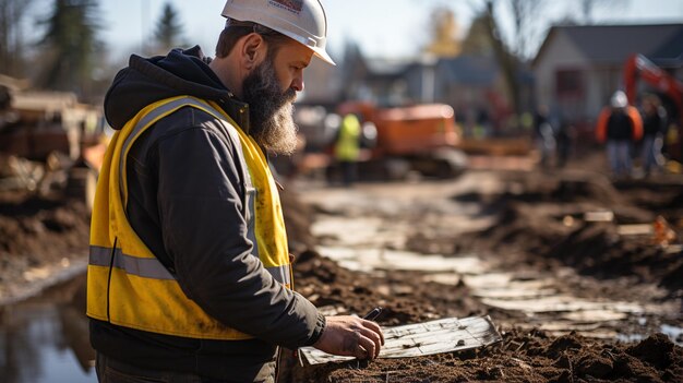 Foto trabajadores en el sitio de construcción por la noche con una grúa