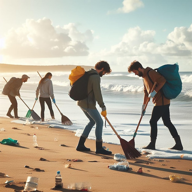 Trabajadores sociales limpiando la playa durante el día soleado con escobas