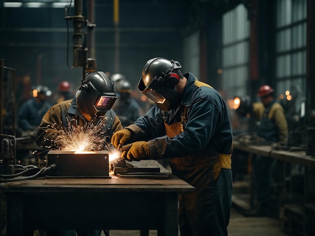 trabajadores y soldadores que realizan soldadura por arco en fábricas