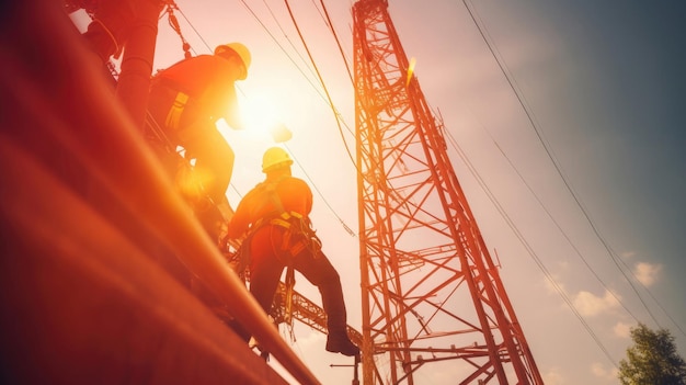 Trabajadores con trajes de seguridad contra caídas instalando cables en torres de alta tensión Generative Ai