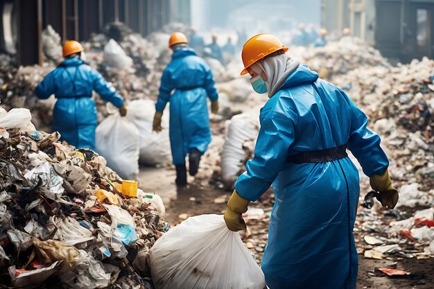 Trabajadores con uniformes de protección y máscaras eliminan la basura acumulada Foto horizontal