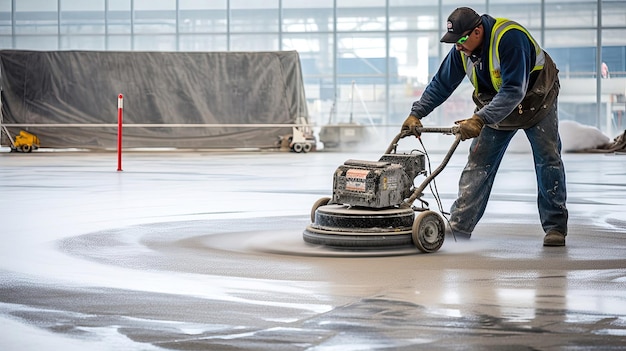 Foto los trabajadores utilizan amoladoras portátiles y su aplicación controlada y hábil produce un acabado elegante y bien definido que mejora la textura y la apariencia del concreto. generado por ia