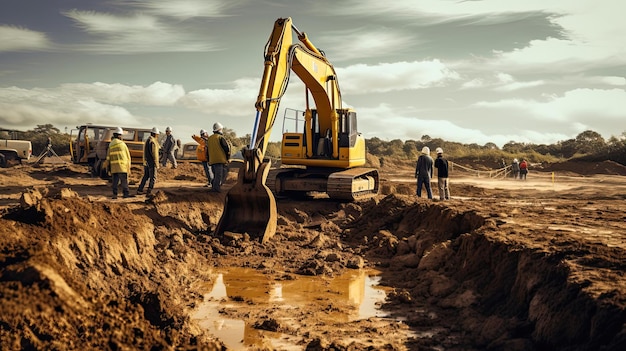 Los trabajadores utilizan maquinaria pesada, su manejo controlado y experiencia en maquinaria garantizan que el terreno se excave y los cimientos se coloquen con precisión. Generado por IA