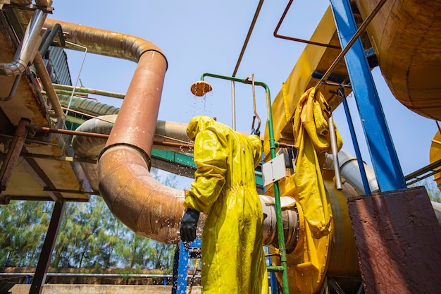 Los trabajadores varones que se visten con traje de desintoxicación de ducha protectora limpian después de sellar un contenedor con fugas de tóxicos corrosivos