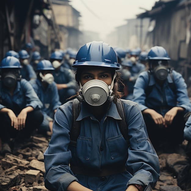 Trabajadores vestidos de azul con máscaras que representan la seguridad y la salud de los trabajadores.
