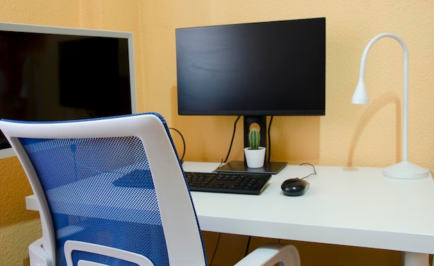 Trabajando en casa, preparando la mesa de trabajo con pantalla, mouse, teclado, auriculares y un cactus, concepto de estilo de vida.