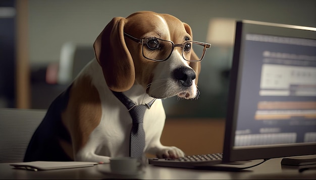 Trabajando en una computadora AI generativa un perro beagle en un traje de negocios