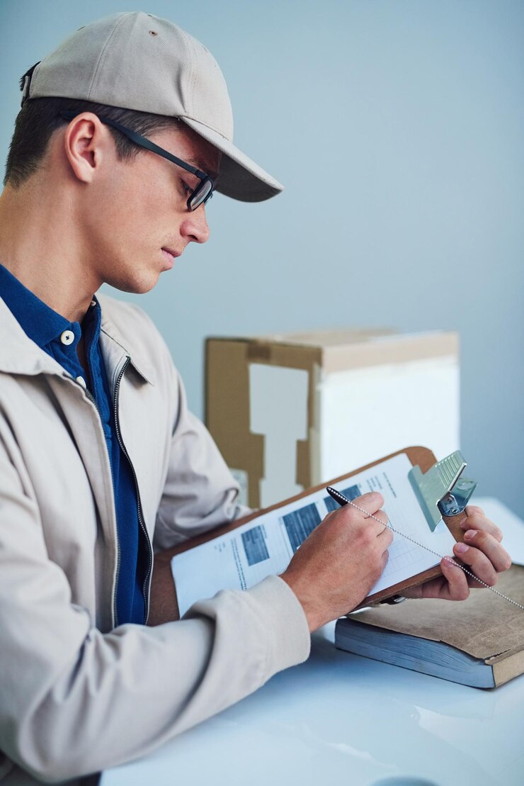 Foto trabajando duro para que sus entregas salgan a tiempo fotografía de un mensajero escribiendo en un portapapeles