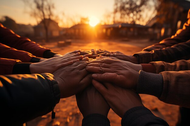 Foto trabajando juntos concepto de trabajo en equipo con las manos unidas