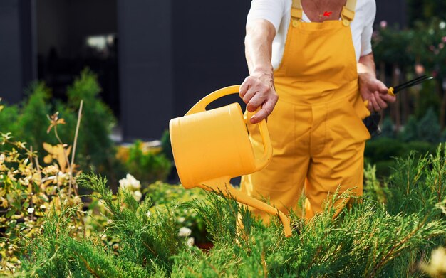 Trabajando con plantas en macetas Mujer mayor en uniforme amarillo está en el jardín durante el día