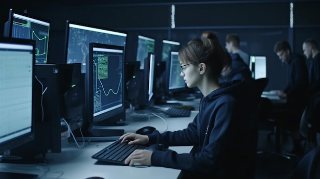 Trabajando en sus escritorios en un centro de datos son jóvenes hackers masculinos la IA generativa
