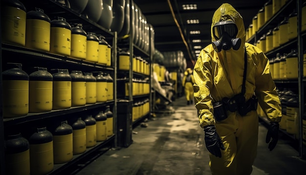 Trabajar en un almacén Trabajadores con traje amarillo de protección contra materiales peligrosos y máscara de gas que llevan botes