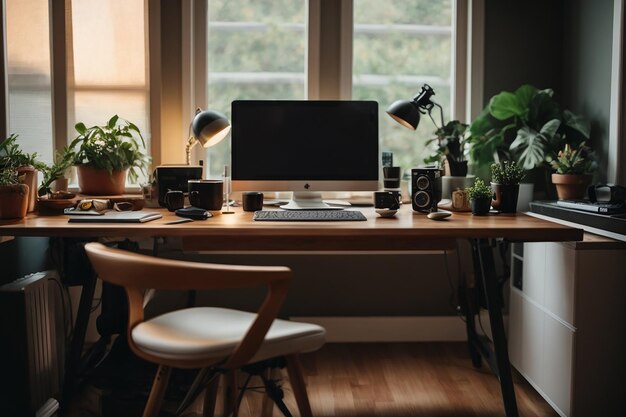 Foto trabajar desde casa en una estación de trabajo ergonómica