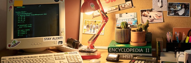 Trabajar en la computadora en una oficina acogedora y decorada