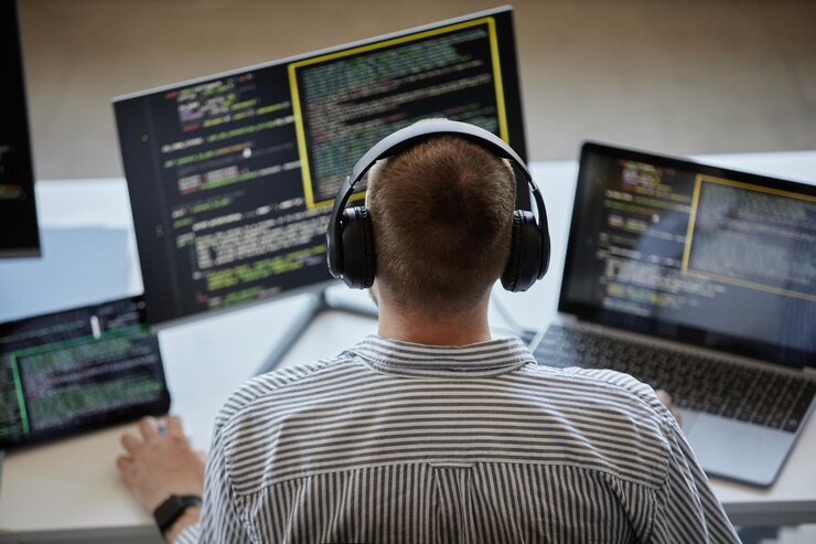 Foto trabajar en el desarrollo de código con múltiples monitores