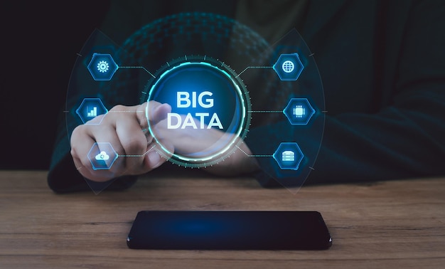 Trabajar con redes neuronales y big data Codificación creativa brillante brillante interfaz de big data en móvil Tecnología y red futurista 3D Renderización de aprendizaje profundo y computación cuántica