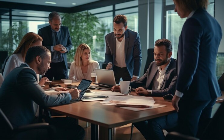 Trabajar reuniéndose con gente de negocios en el lugar de trabajo de la oficina con el equipo