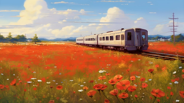 Trabajo de arte inspirado en Magical Studio Ghibli Viaje en tren de vapor a través de paisajes florales