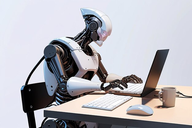 Trabajo automatizado de desarrollo de proyectos de negocios de software Robot que utiliza el teclado en la mesa