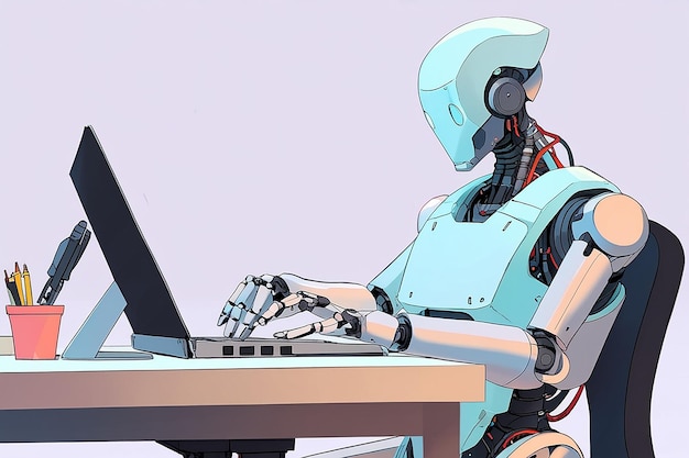 Trabajo automatizado de desarrollo de proyectos de negocios de software Robot que utiliza el teclado en la mesa