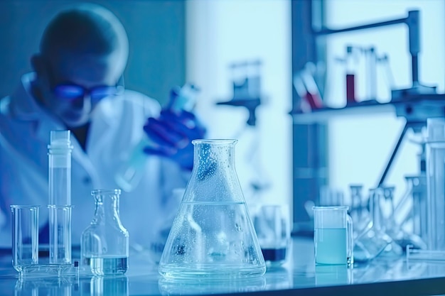 Foto trabajo científico en el tubo de ensayo del concepto de investigación científica del médico de la sala de laboratorio sobre fondo azul