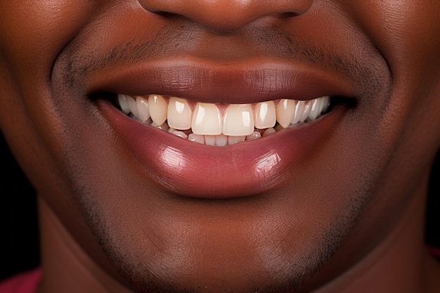 Foto trabajo clínico odontológico profesional primer plano de un hombre negro con dientes perfectamente blancos