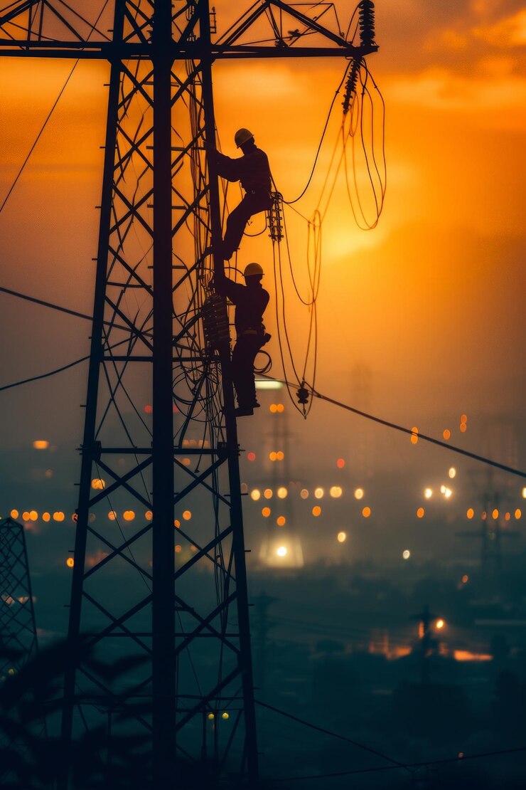 Trabajo de electricista de silueta en la industria pesada de tierra alta Construcción de la extensión de alta tensión en estaciones de alta tensión y plataformas
